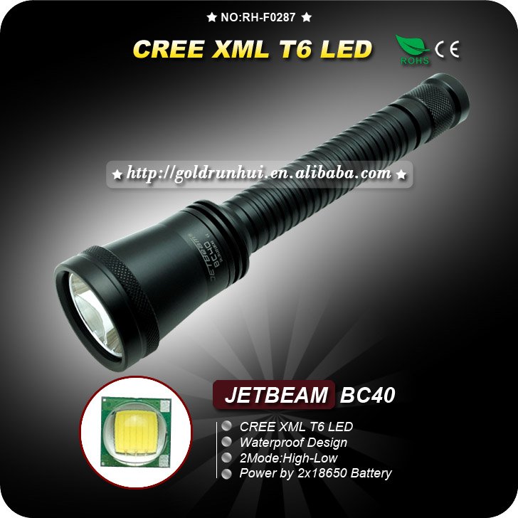 1PC JETBeam BC40 Flashlight 2 Mode CREE XML LED Flashlight 18650 Battery