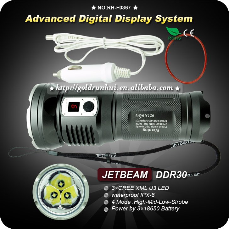 1 PC JETBeam DDR30 Rechargeable Digital Display 3XCree XML U3 3XU3 3200 Lumen LED