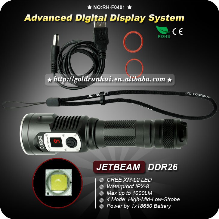 JETBeam DDR26 Digital Display Cree XM-L2 LED 1000LM USB Rechargeable 18650 Flashlight
