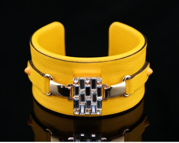 Fashion leather bracelet beautifully painted yellow mosaic crystal elastic adjustable free shipping
