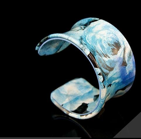 Refined and elegant peony painted blue leather bracelet elastic adjustable free shipping -zp032