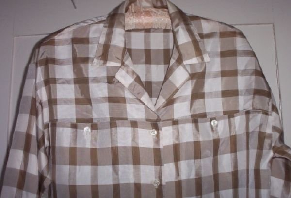 Vintage Lady Manhattan Plaid Brown Tafetta Blouse Shirt Top M