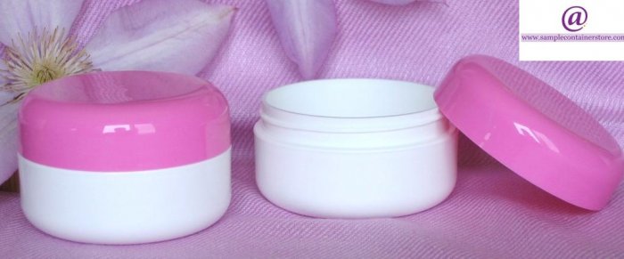 LAST of STOCK (15) 2 oz White Double Wall Round base Jar with Pink Domed Lid