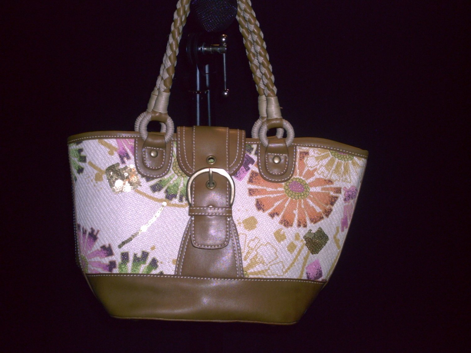 NINE WEST Colorful Floral Print Woven Fiber Canvas Tote Purse HandBag Bag