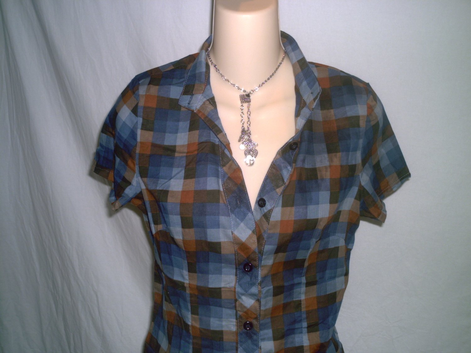 Plaid Elastic Back Button Down Collar Shirt Size Medium M