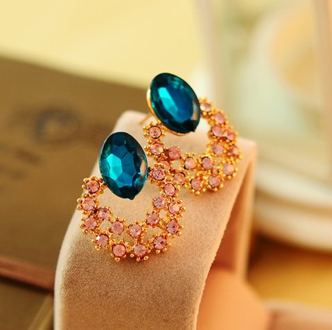 Blue crystal gem diamond earrings Korea
