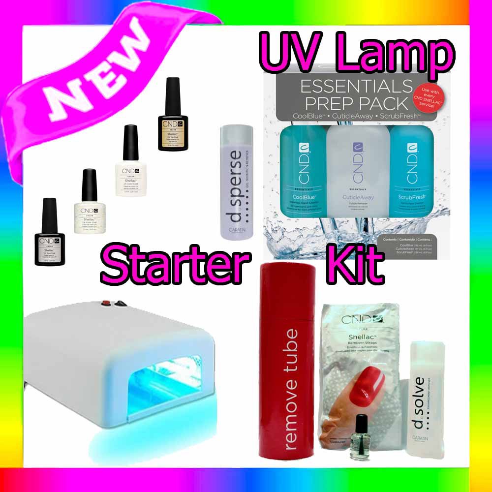 CND 12 ITEM STARTER KIT 36w UV LAMP 2 x SHELLAC COLOUR TOP BASE COAT D