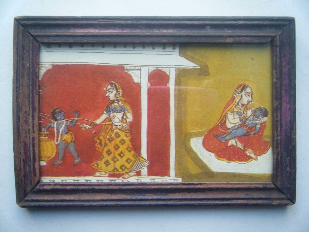 Miniature Old Religious Painting's Print in Old Wooden Frame India Art #2841