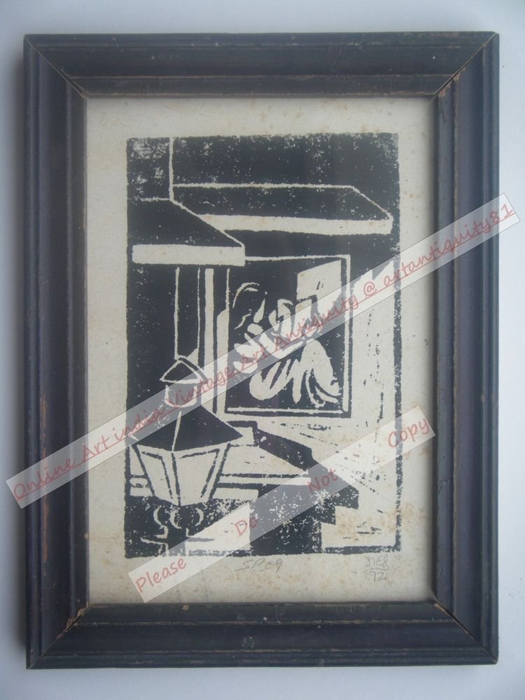 Original Indian Lady Women Signed Art Print in Old Wooden Frame India #2361