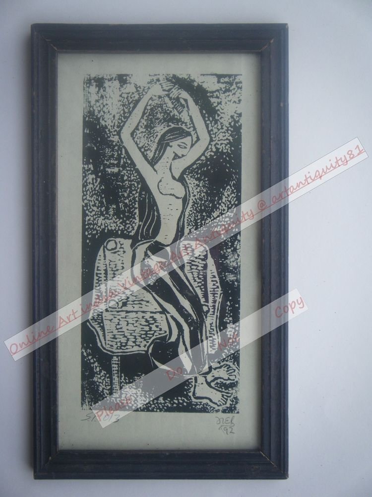 Original Indian Lady Women Signed Art Print in Old Wooden Frame India #2365