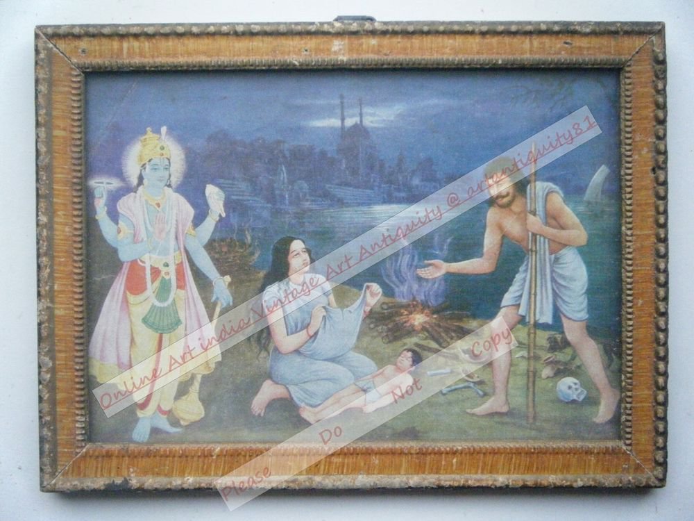 Hindu God Vishnu & Krishna Vintage Print in Old Wooden Frame Religious Art #2478