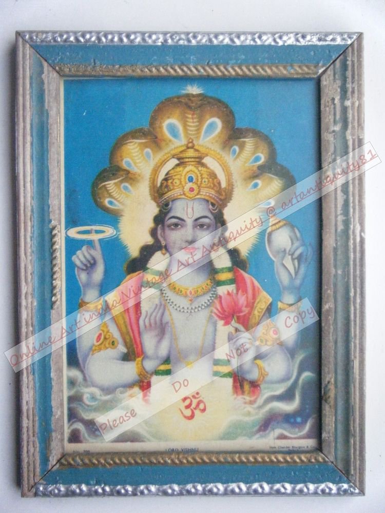 Hindu God Vishnu Rare Vintage Print in Old Wooden Frame Religious Art #2483