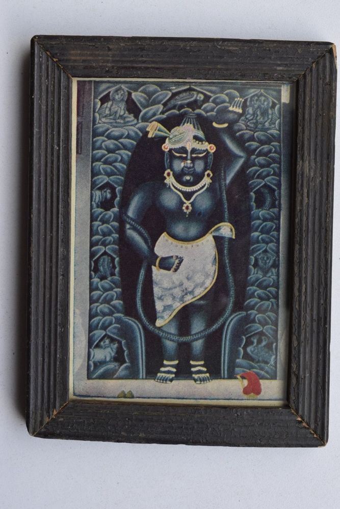 Shrinathji Krishna Old Original Hand Color Painting in Old Wooden Frame #3224