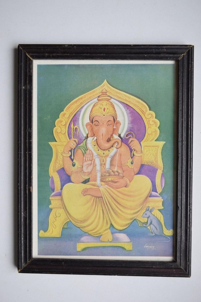 Hindu Elephant God Ganesha Vintage Print in Old Wooden Frame Religious Art #3147
