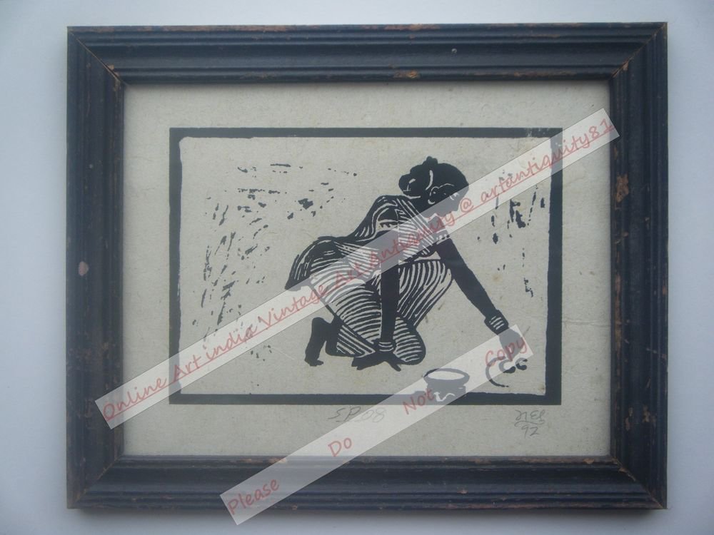 Original Indian Lady Women Signed Art Print in Old Wooden Frame India #2360