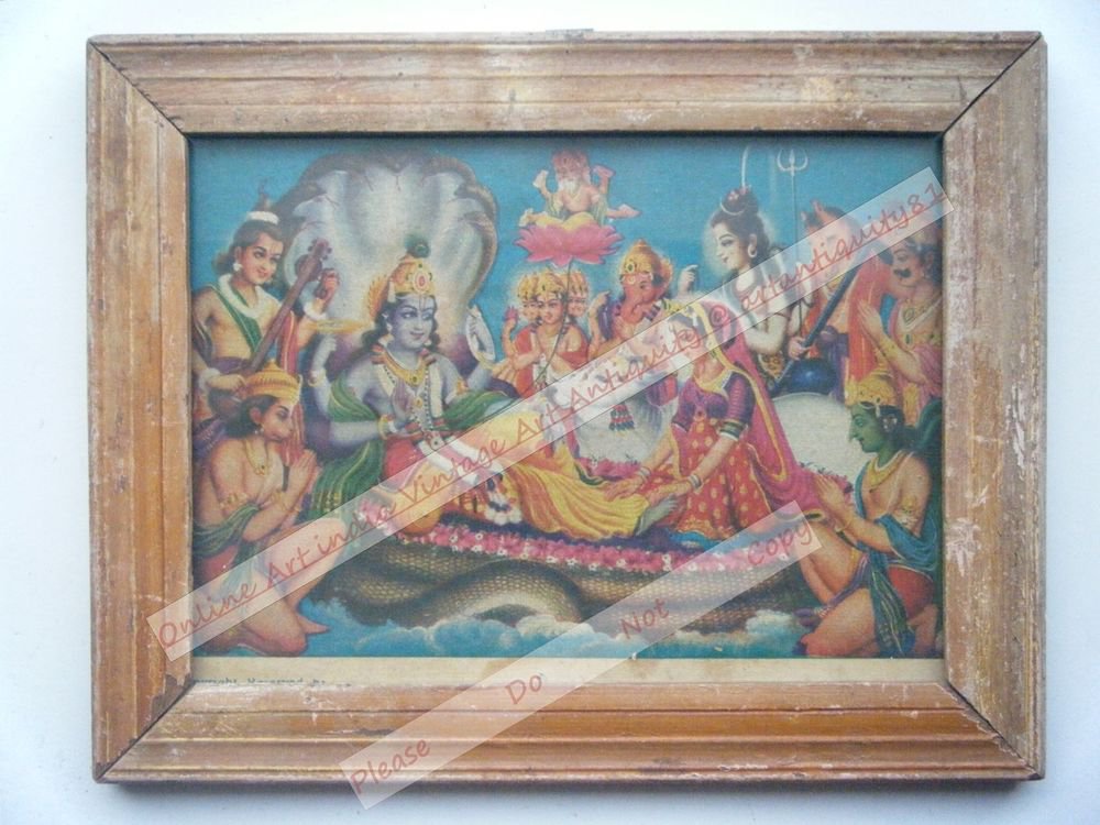 Hindu God Vishnu Assembly Vintage Print in Old Wooden Frame Religious Art #2477