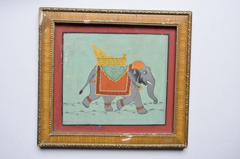 Beautiful Elephant Hand Color Folk Painting in Old Wooden Frame India #3101