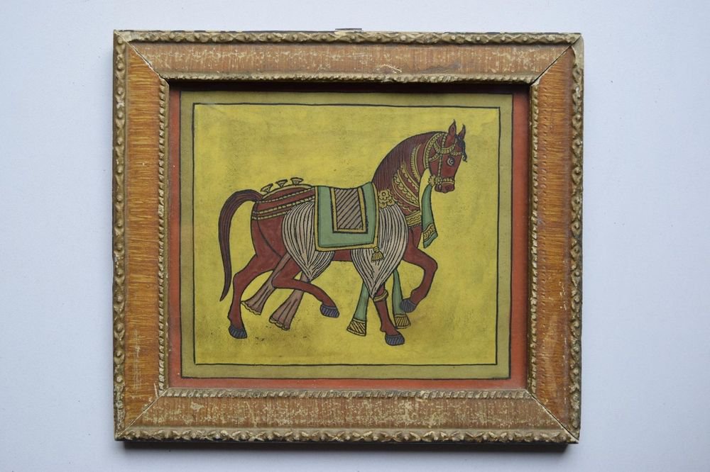 Beautiful Folk Horse Hand Color Painting in Old Wooden Frame India #3094
