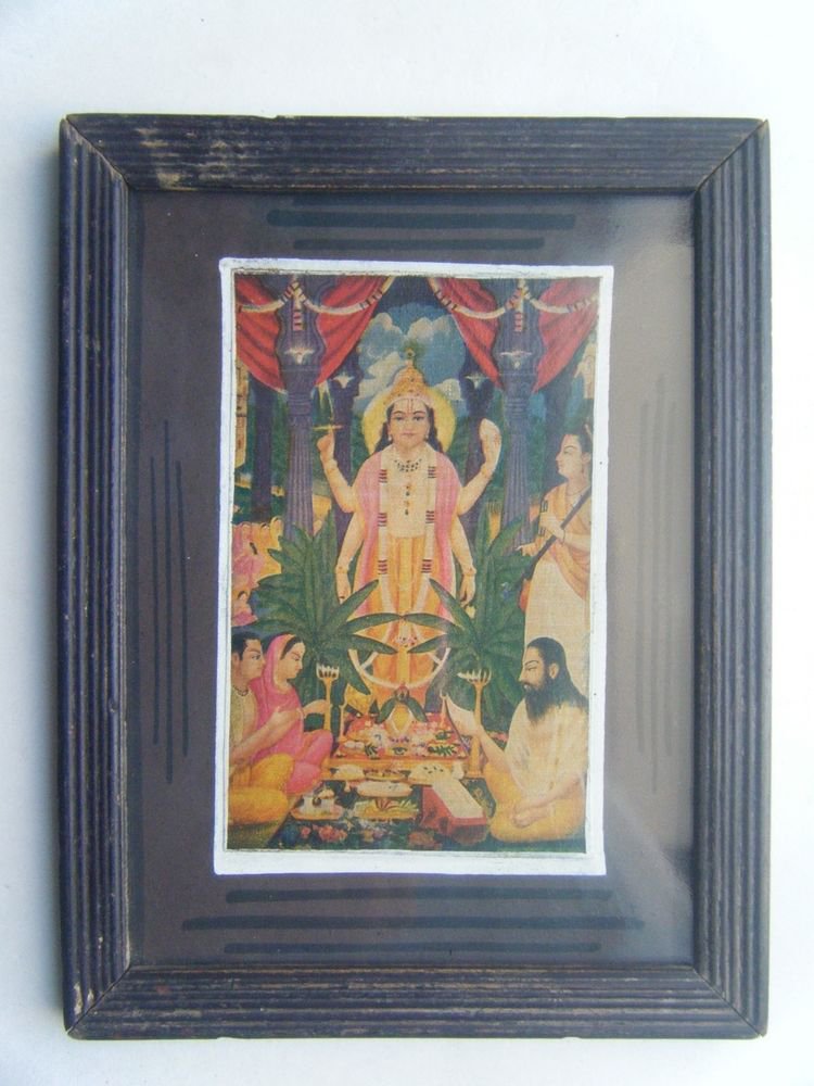 Hindu God Vishnu Original Vintage Print in Old Wooden Frame Religious Art #2810