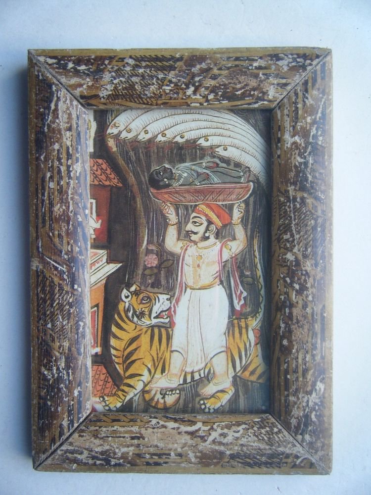 Miniature Old Religious Painting's Print in Old Wooden Frame India Art #2843