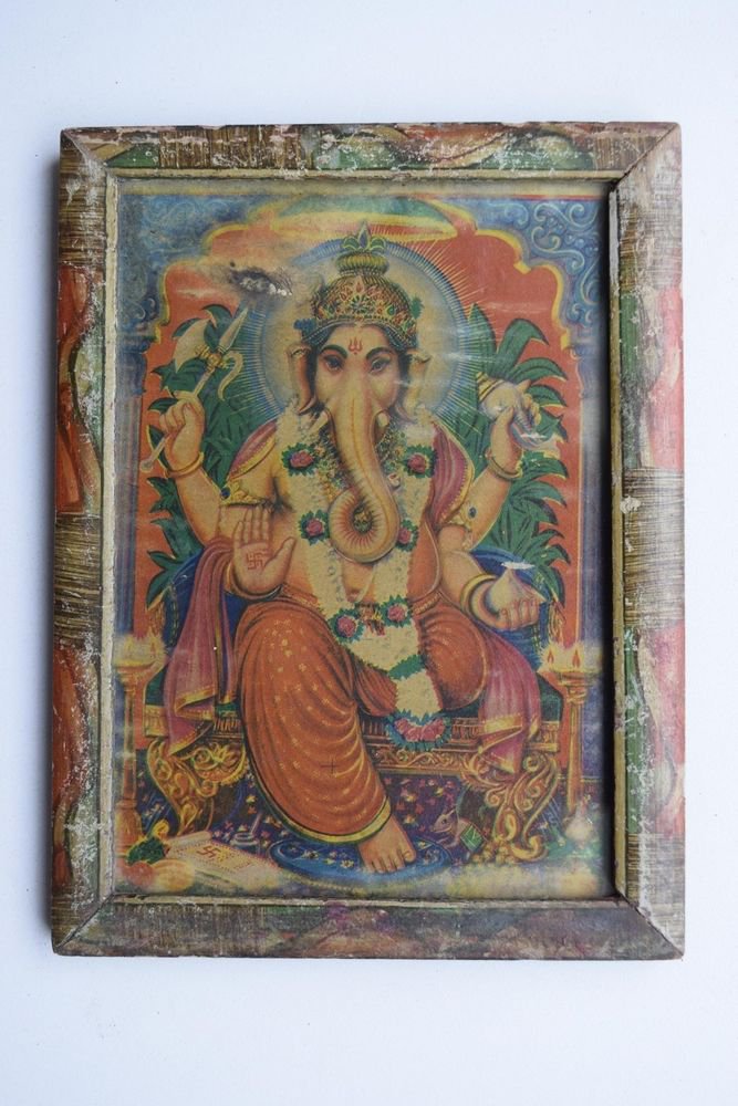 Hindu God Ganesha Collectible Rare Vintage Old Print in Old Wooden Frame #3004