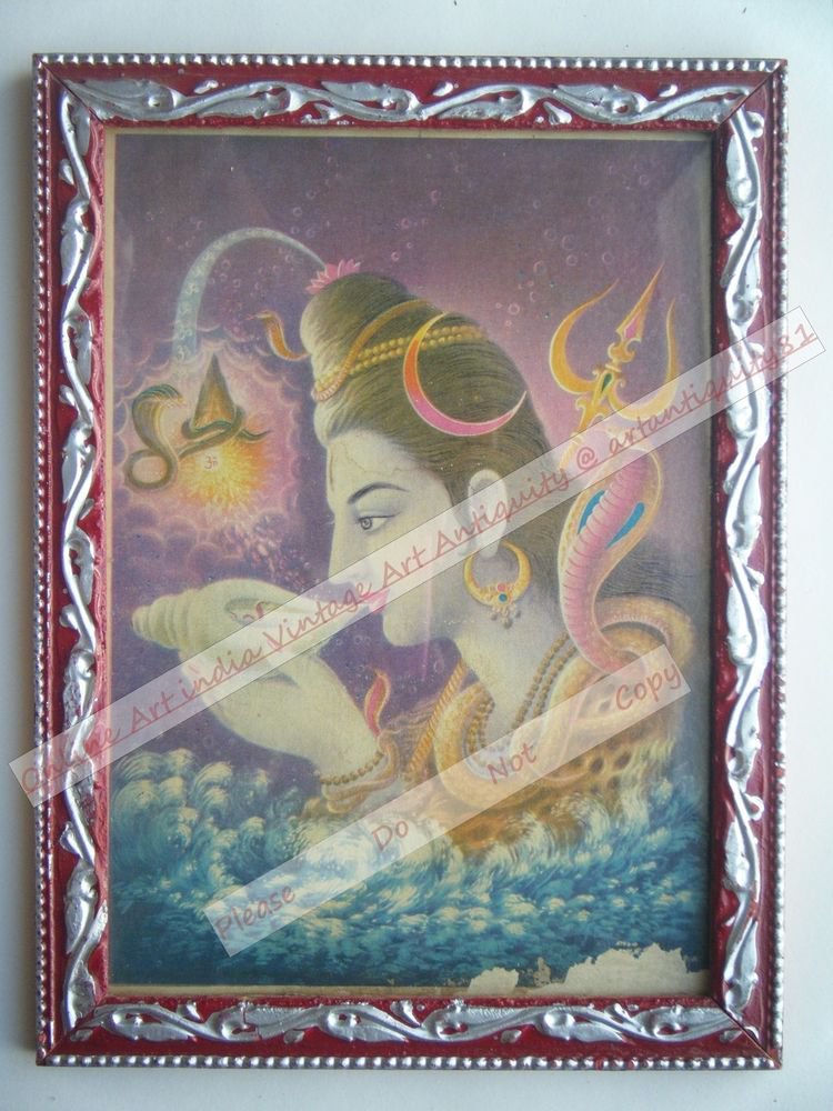 Hindu Lord Shiva Vintage Old Religious Print in Old Wooden Frame India Art #2400