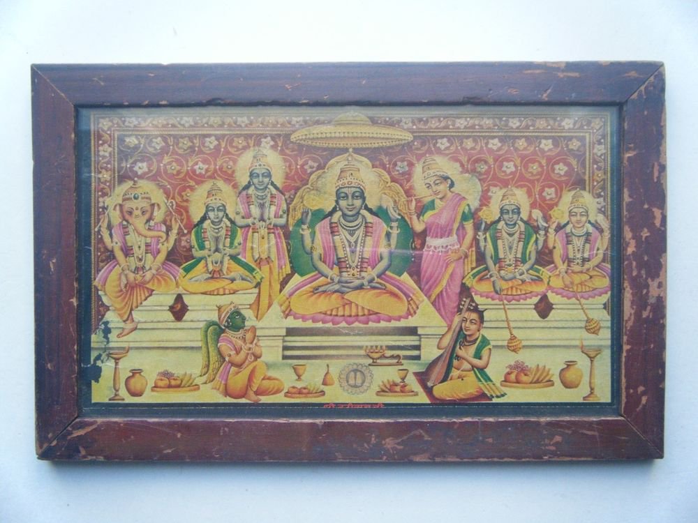 Shri Badri Nathji Vishnu Vintage Print in Old Wooden Frame Religious Art #2803
