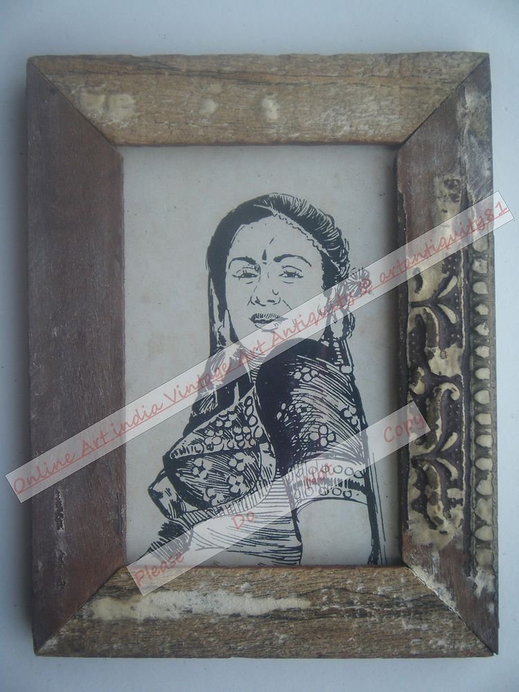 Beautiful Woman Lady Signed Art Print in Old Handmade Wooden Frame India #2377