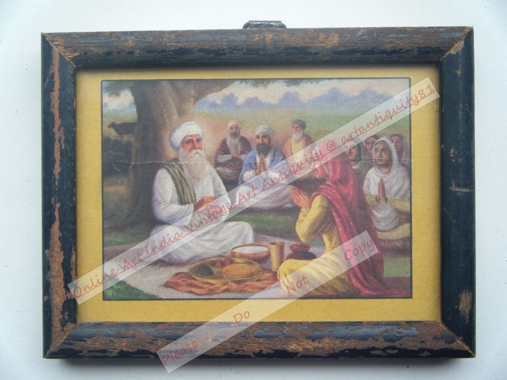 Rare Sikh Guru Sikhism Vintage Print in Old Wooden Frame Religious Art #2538