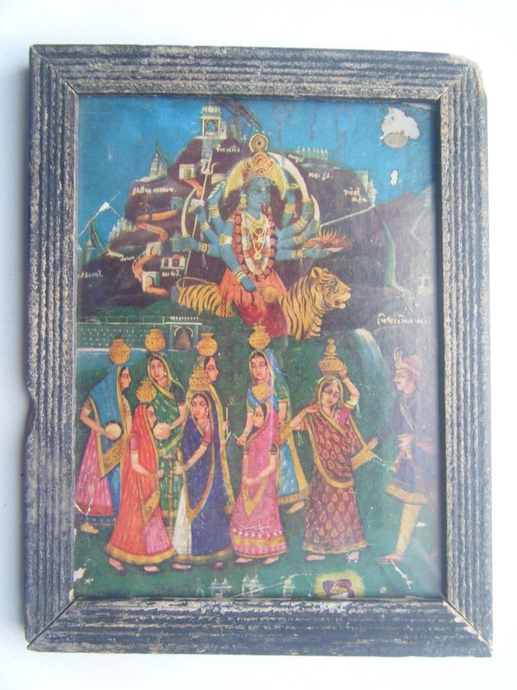 Goddess Kali Mata Rare Old Religious Print in Old Wooden Frame India Art #2857