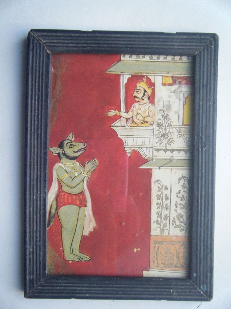Miniature Old Religious Painting's Print in Old Wooden Frame India Art #2834