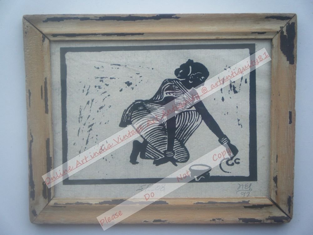 Working Lady Beautiful Signed Art Print in Old Handmade Wooden Frame India #2382