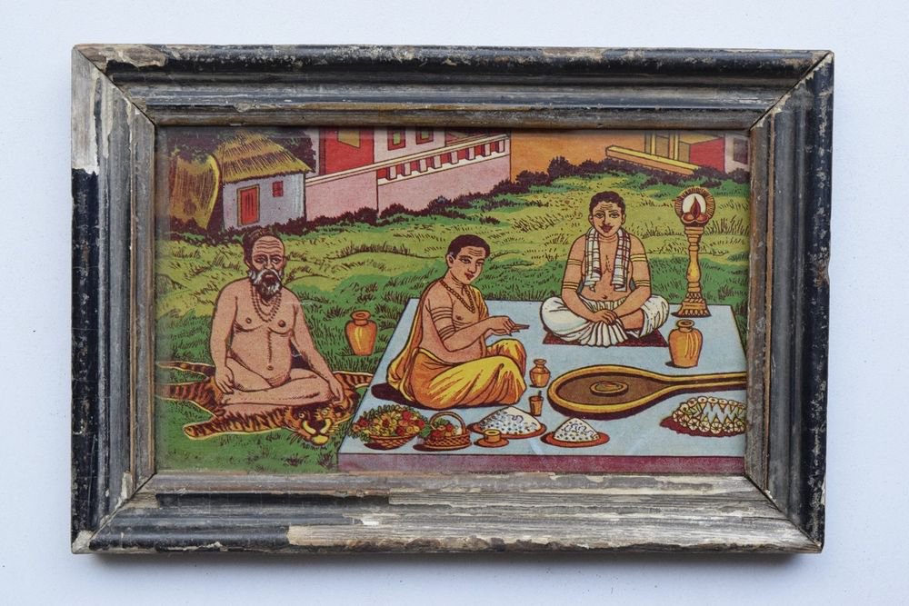 Sadhu Saint Pandits Rare Collectible Old Art Print in Old Wooden Frame #3275