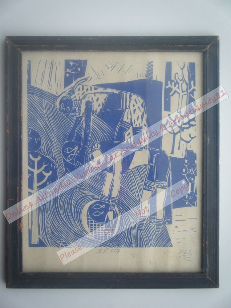 Working Lady Beautiful Signed Art Print in Old Handmade Wooden Frame India #2368