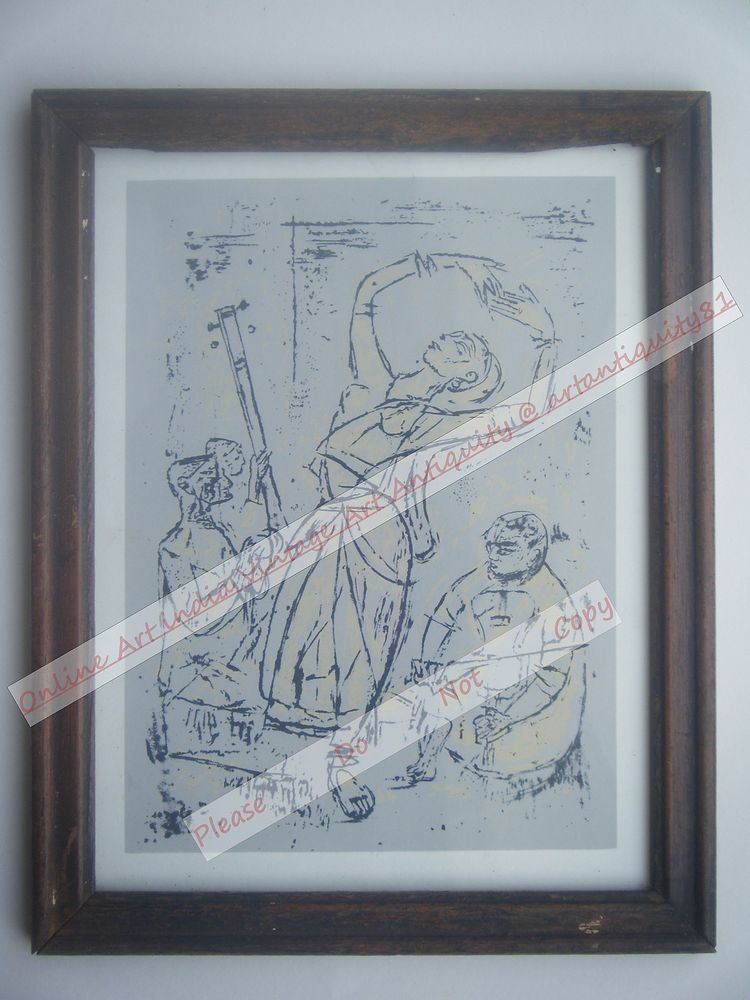 Dancing Lady Beautiful Signed Art Print in Old Handmade Wooden Frame India #2367