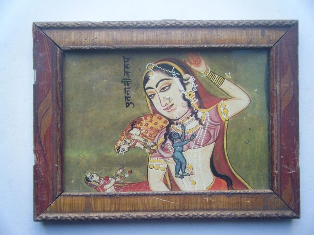 Miniature Old Religious Painting's Print in Old Wooden Frame India Art #2840