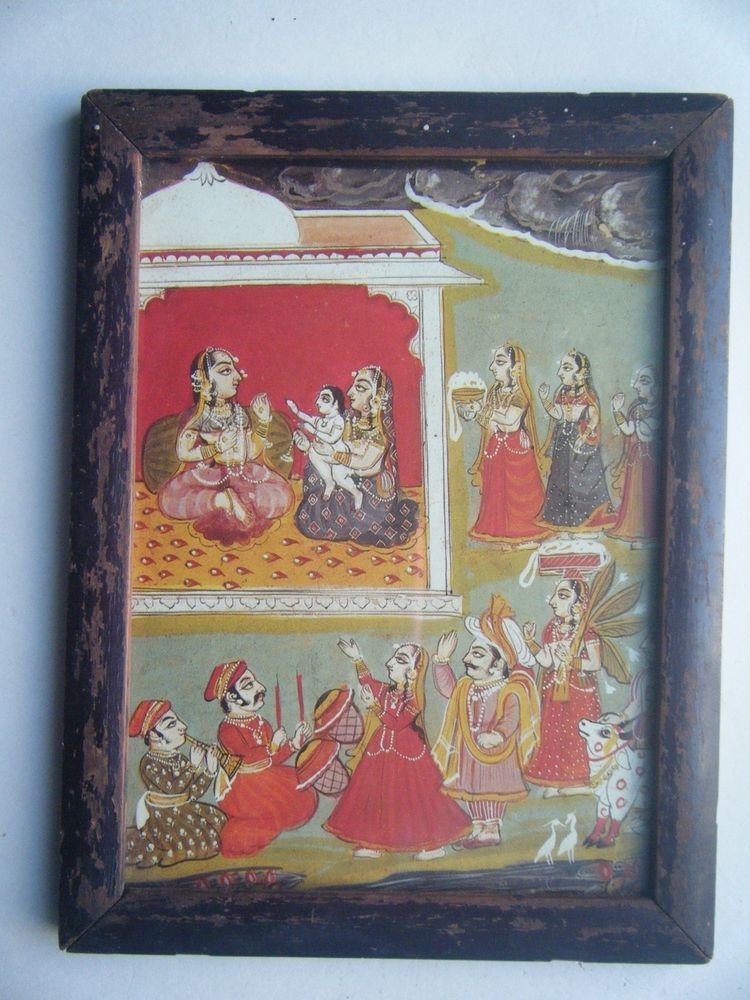 Miniature Old Religious Painting's Print in Old Wooden Frame India Art #2831