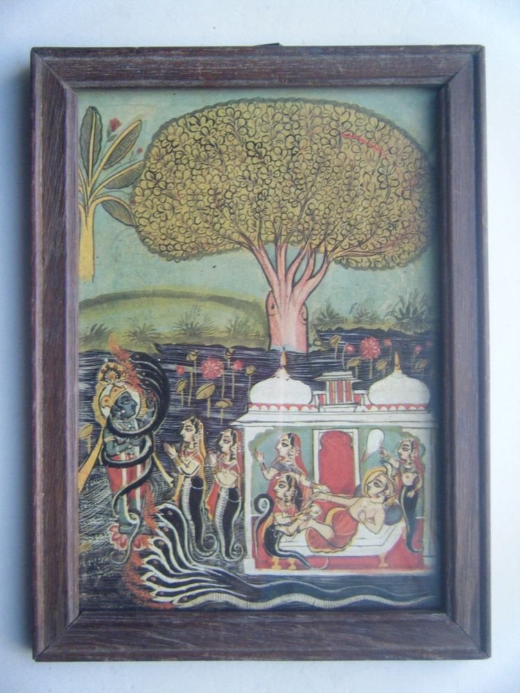 Miniature Old Religious Painting's Print in Old Wooden Frame India Art #2835