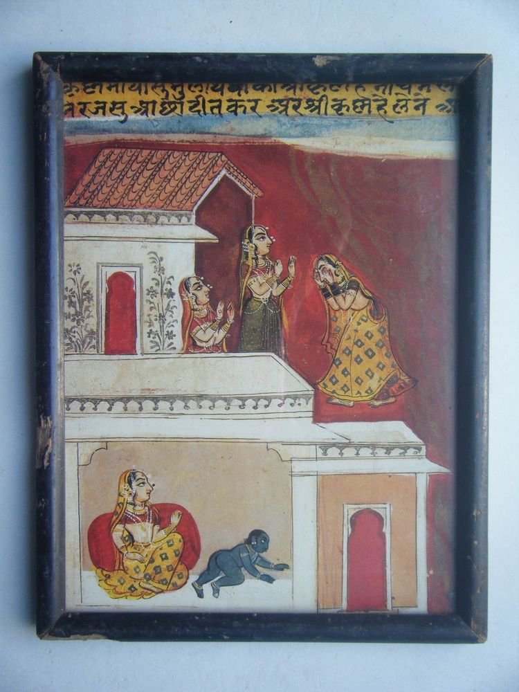 Miniature Old Religious Painting's Print in Old Wooden Frame India Art #2836
