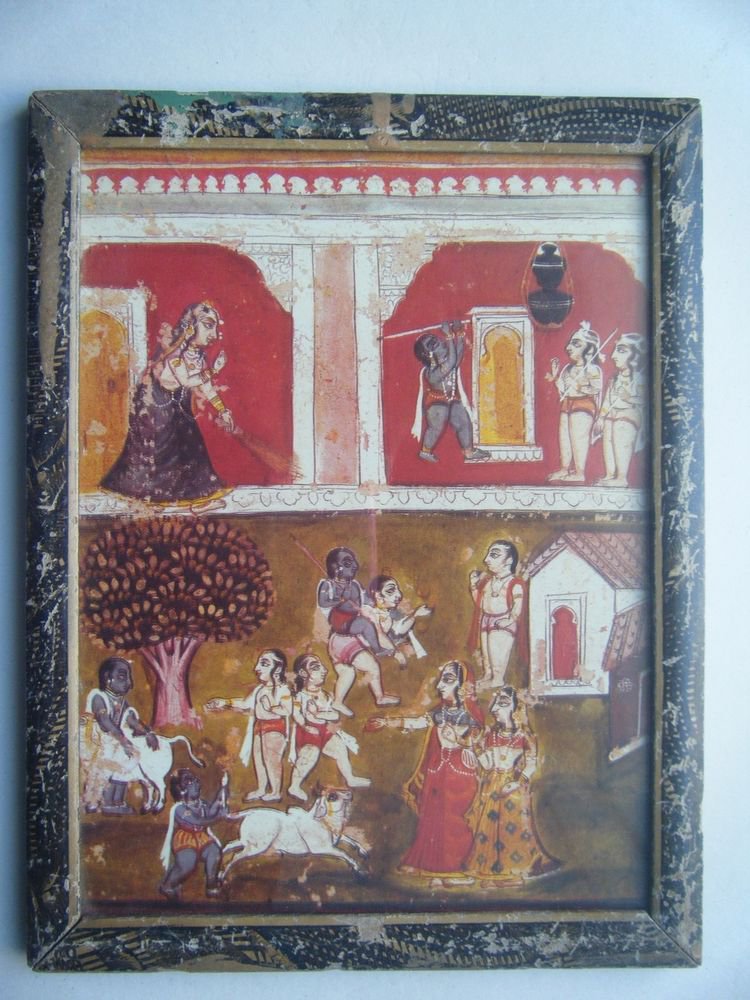 Miniature Old Religious Painting's Print in Old Wooden Frame India Art #2838