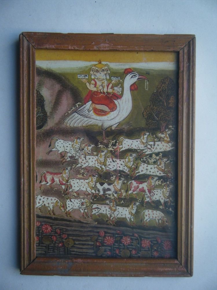 Miniature Old Religious Painting's Print in Old Wooden Frame India Art #2833