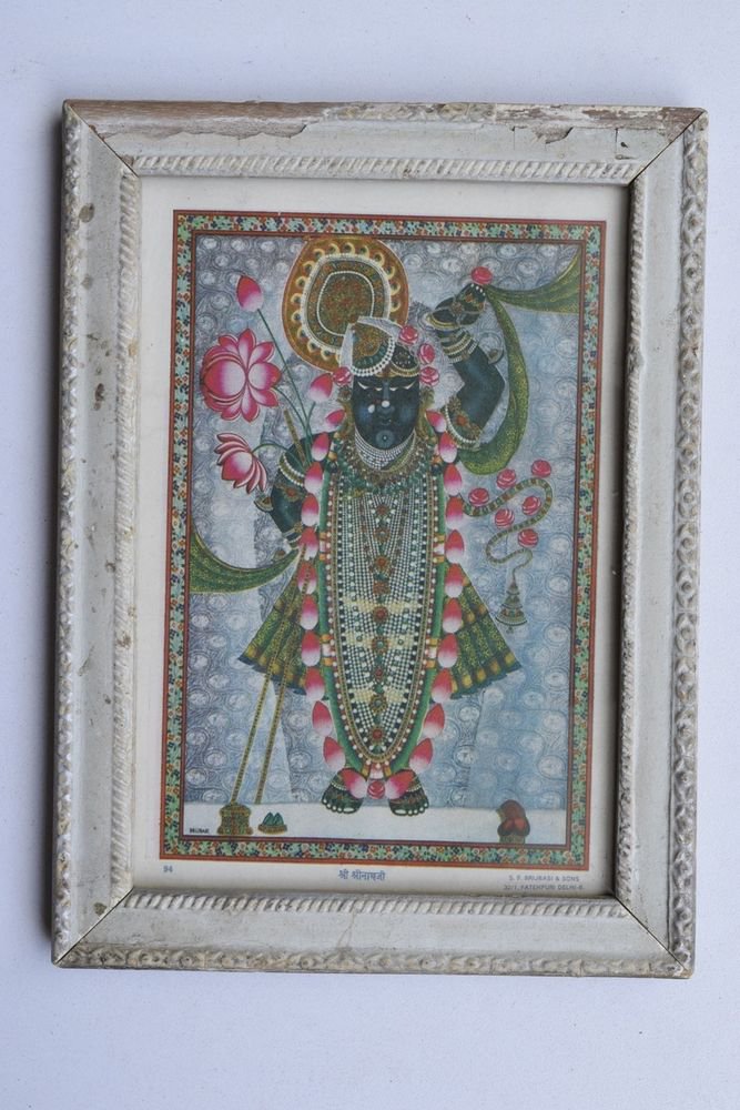 Shrinathji Krishna Old Original Hand Color Painting in Old Wooden Frame #3222