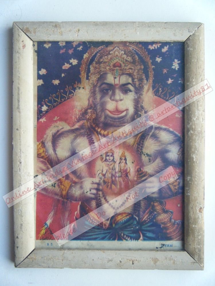 Hindu God Hanuman Vintage Old Religious Print in Old Wooden Frame India Art#2429