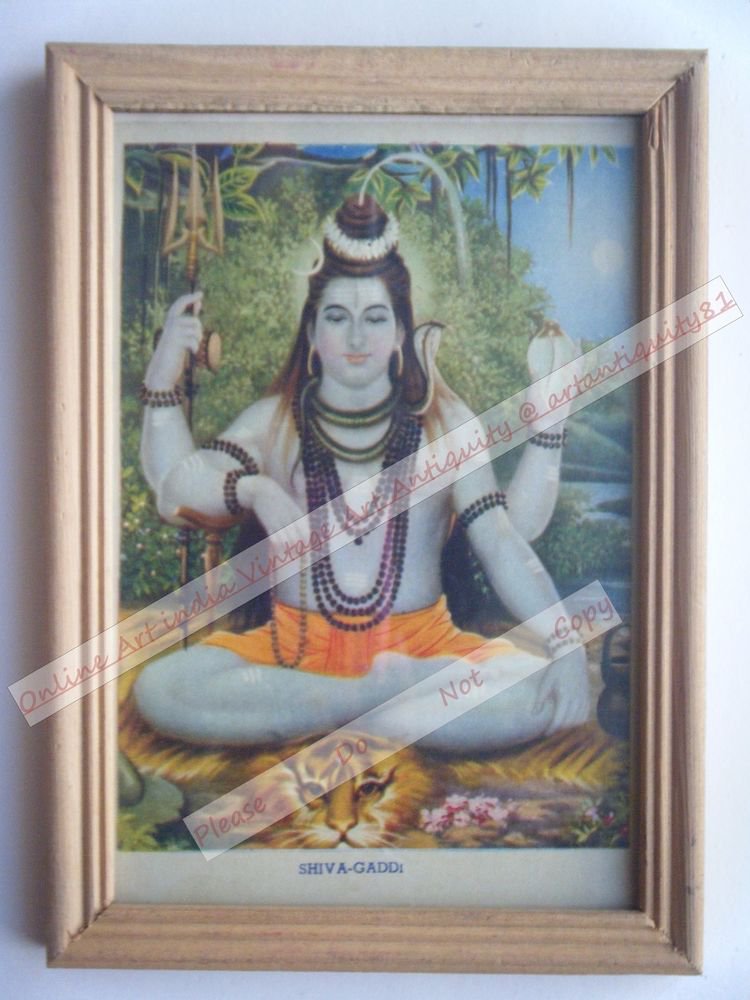 Hindu Lord Shiva Vintage Old Religious Print in Old Wooden Frame India Art #2402