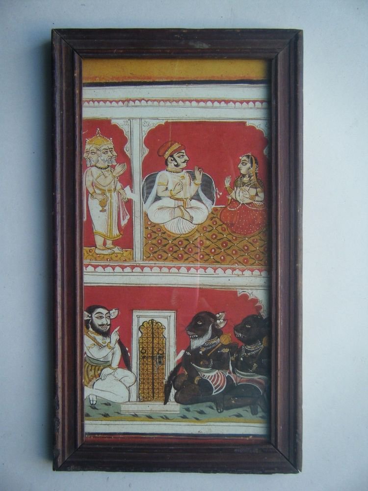 Hindu Gods Old Religious Painting's Print in Old Wooden Frame India Art #2830