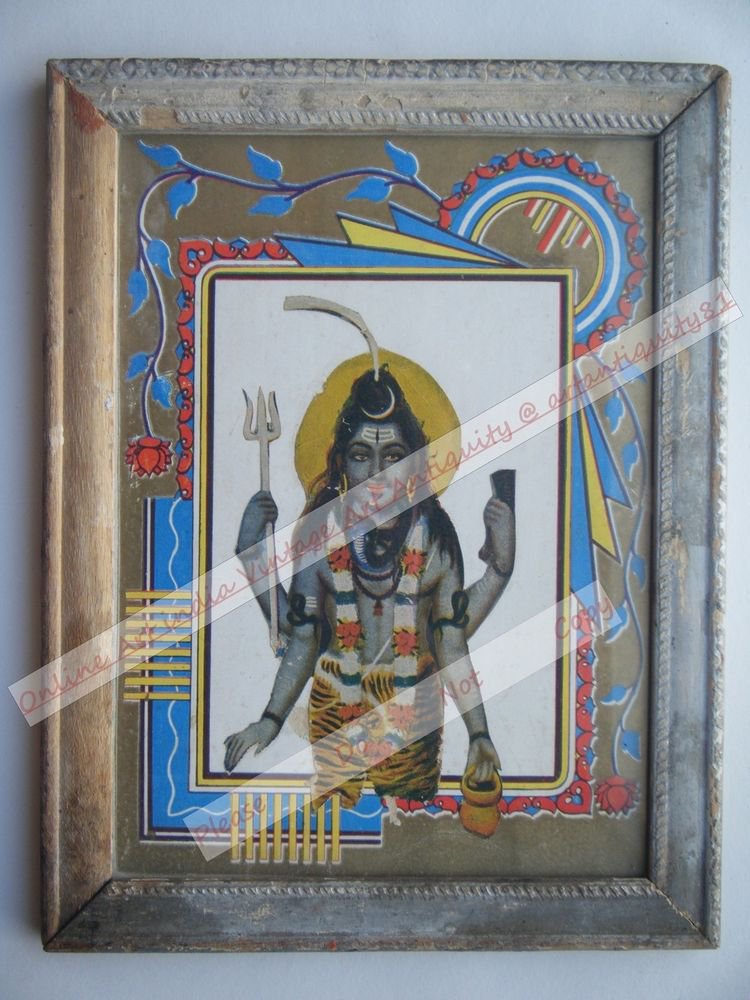 Hindu Lord Shiva Vintage Old Religious Print in Old Wooden Frame India Art #2394