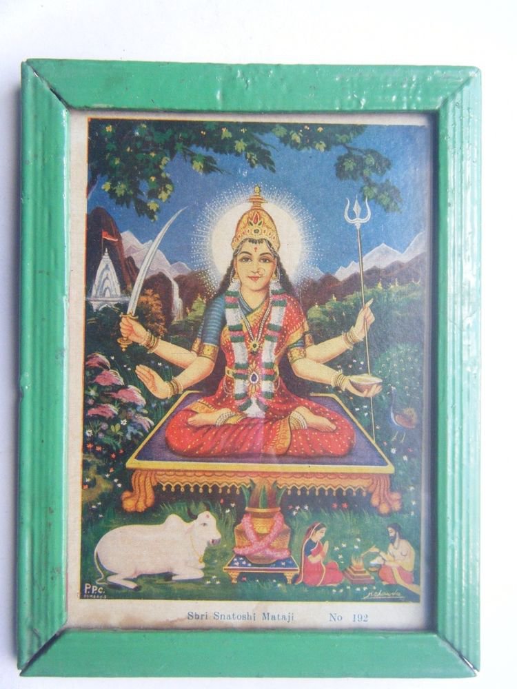 Goddess Santoshi Rare Old Religious Print in Old Wooden Frame India Art #2855