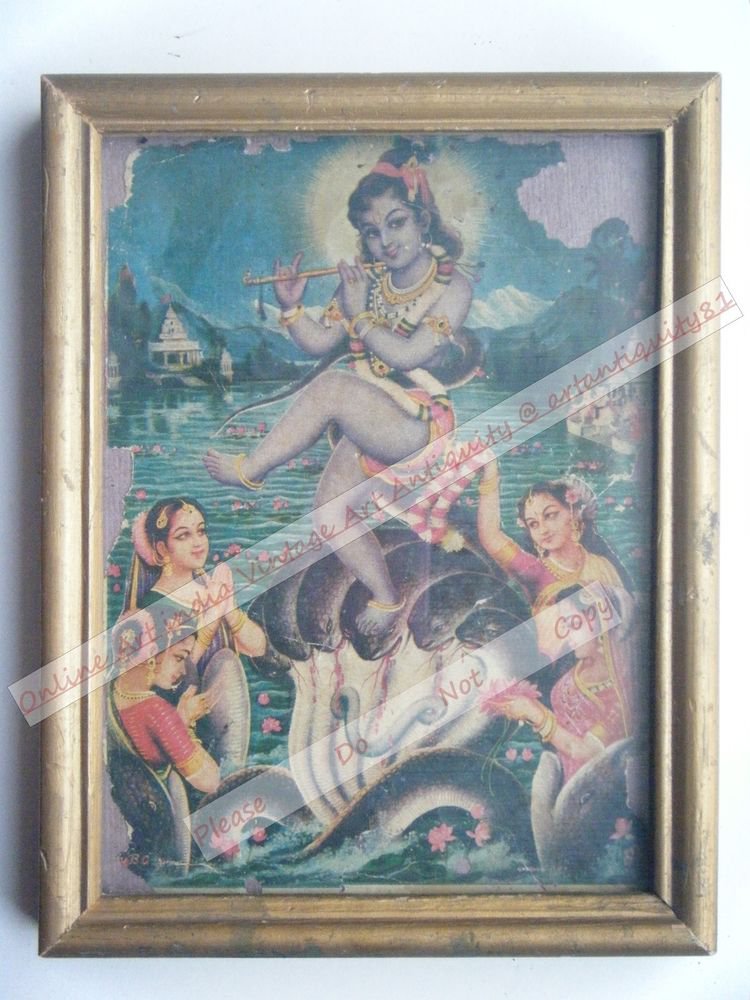 Hindu God Krishna Nice Old Religious Print in Old Wooden Frame India Art #2457