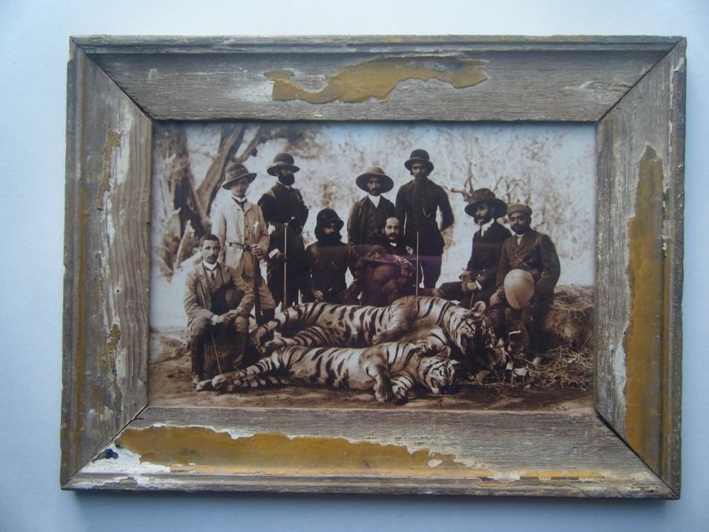 Indian Nizam Hunting Group Photograph, Vintage Photo in Old Wooden Frame #2718