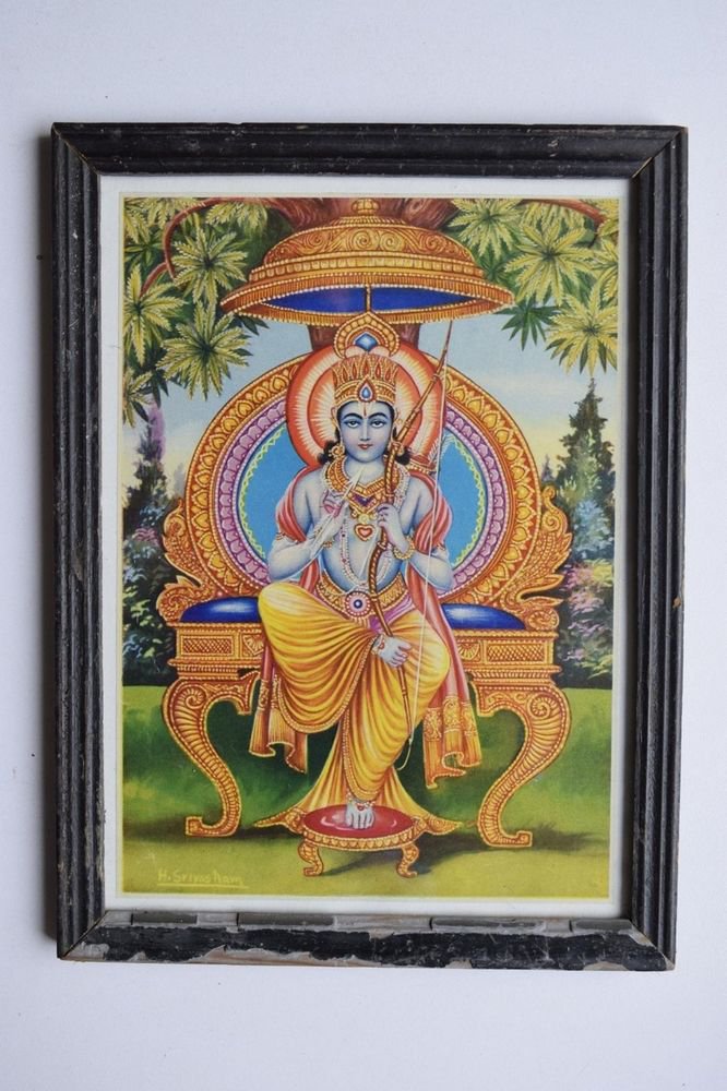 Lord Rama Ramayana Rare Old Religious Print in Old Wooden Frame India Art #3121